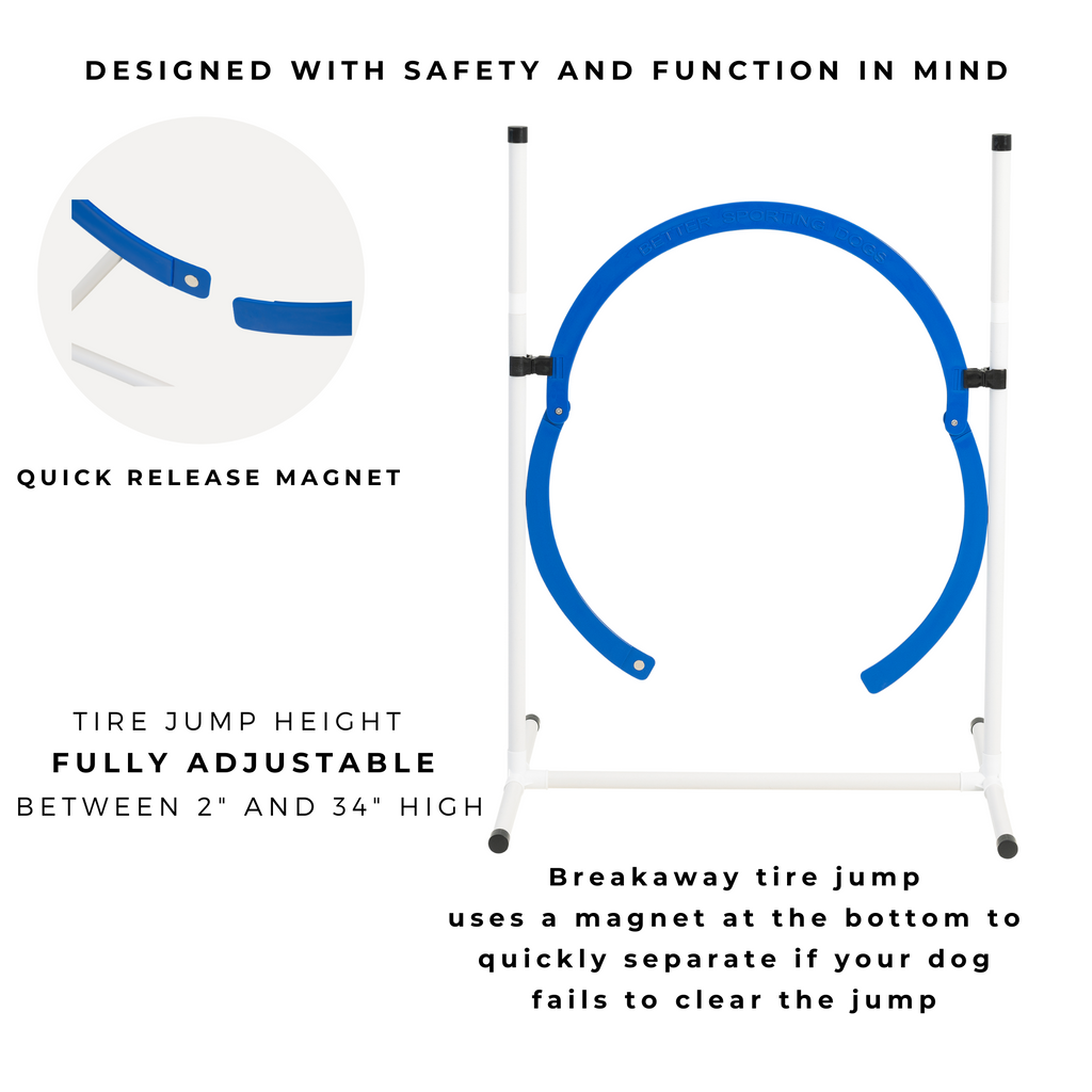 Better Sporting Dogs Upgraded Dog Agility Set – 7 Piece Training Kit with Safety Breakaway Tire Jump, Displacement Bar Jumps, Tunnels, Weave Poles & Pause Box